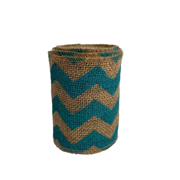 Tan Burlap Roll with Horizontal Blue Chevron Stripes 4 in Wide Craft Fabric - Picture 1 of 3